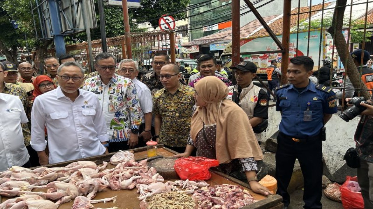 Menteri Perdagangan Zulkifli Hasan saat meninjau harga bahan pangan pokok di Pasar Palmerah, Jakarta Barat, Kamis (4/1/2024). ANTARA/HO-Kuntum Riswan.