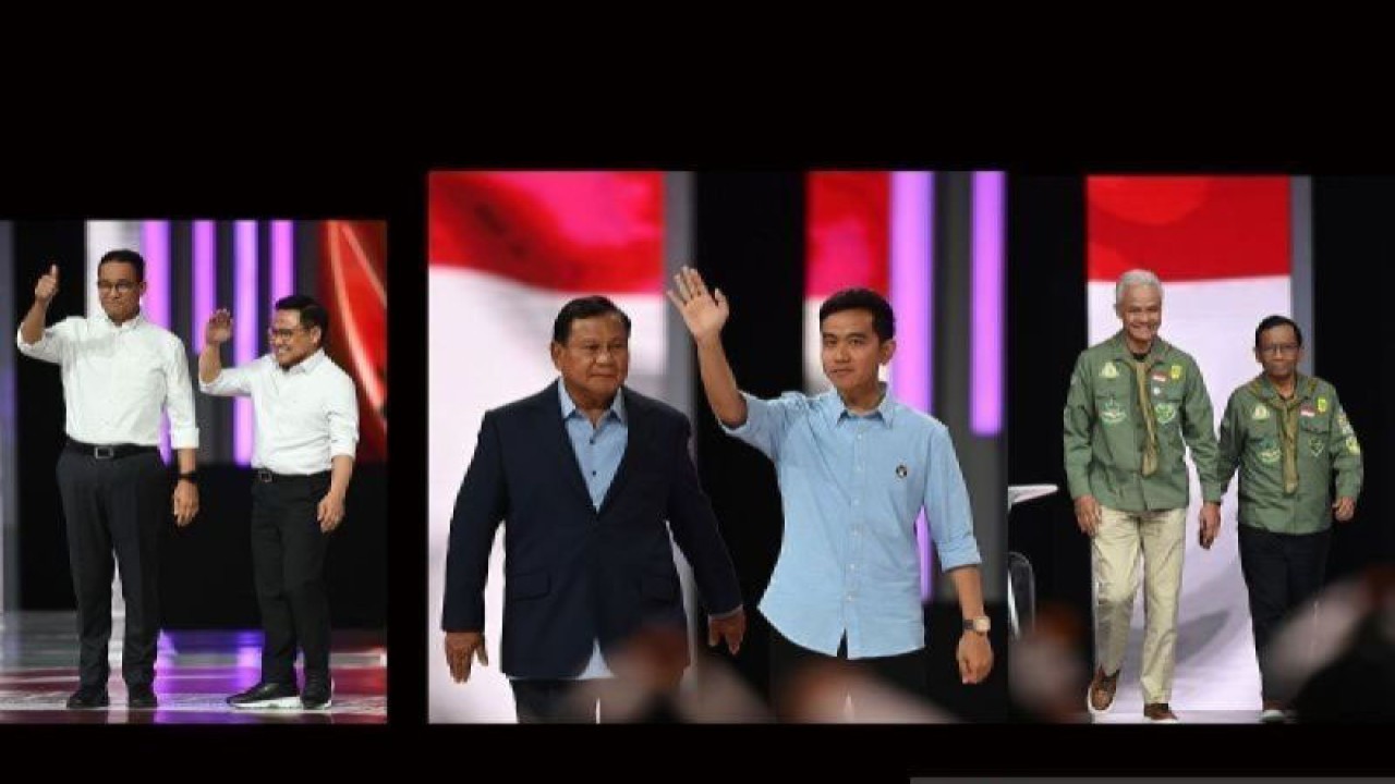 Arsip - Tiga pasangan calon presiden dan wakil presiden peserta Pemilu 2024 di Balai Sidang JCC Senayan, Jakarta. (ANTARA FOTO//M Risyal Hidayat/tom/pri)