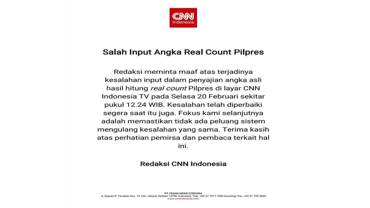 CNN Indonesia minta maaf salah input data Pilpres