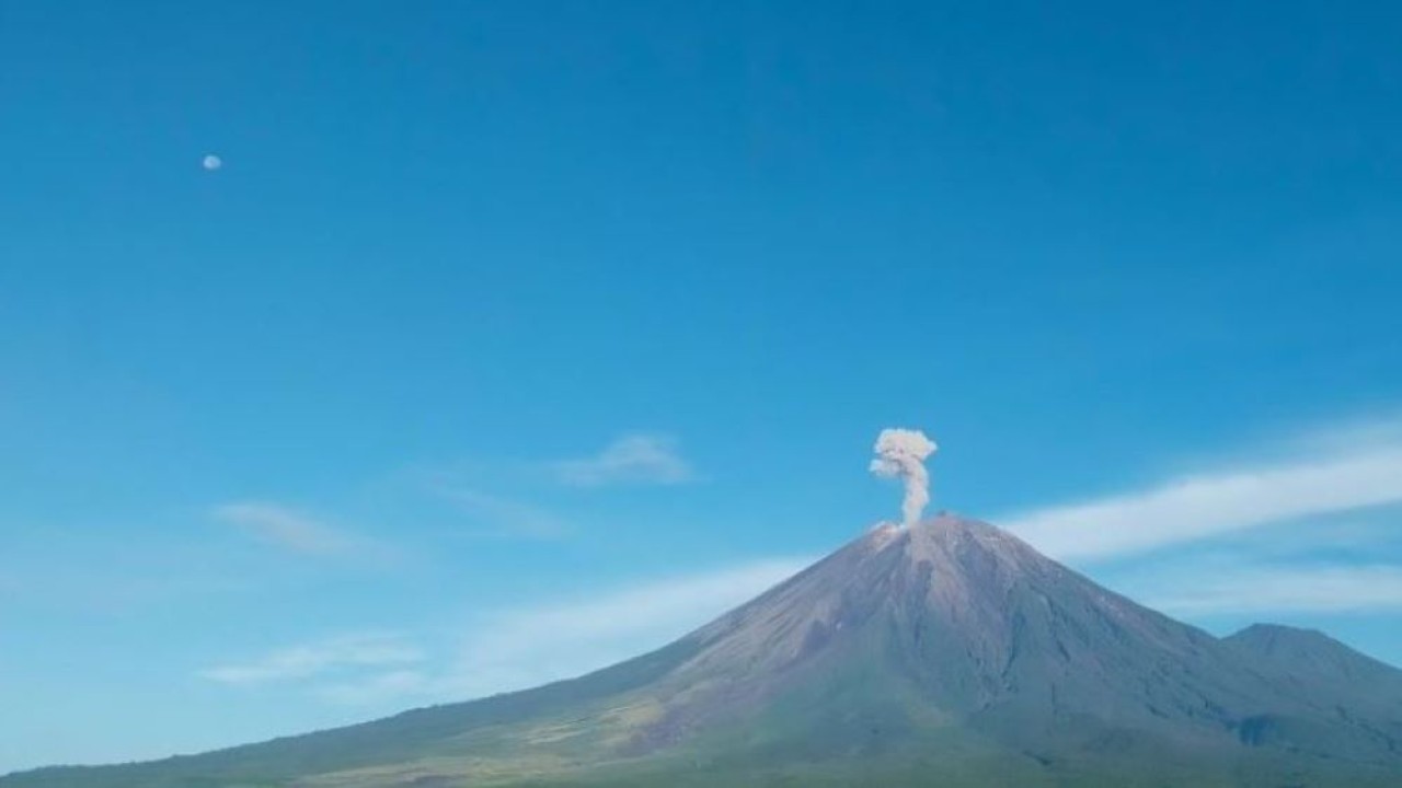 Kolom abu vulkanik dengan intensitas tebal membumbung akibat aktivitas erupsi Gunung Semeru yang berlokasi di Kabupaten Malang dan Kabupaten Lumajang, Jawa Timur, Rabu (28/2/2024). (ANTARA/HO-PVMBG)