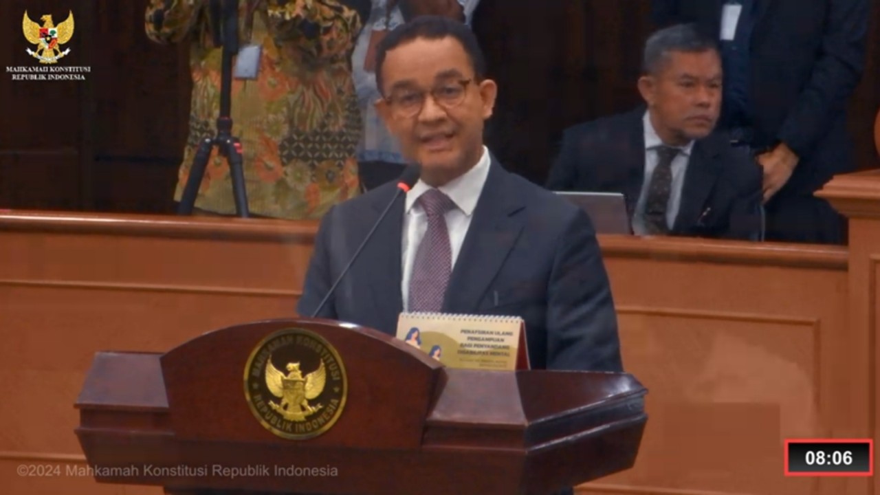 Capres nomor urut 1 Anies Baswedan saat sidang sengketa hasil Pilpres 2024 di MK. (YouTube)