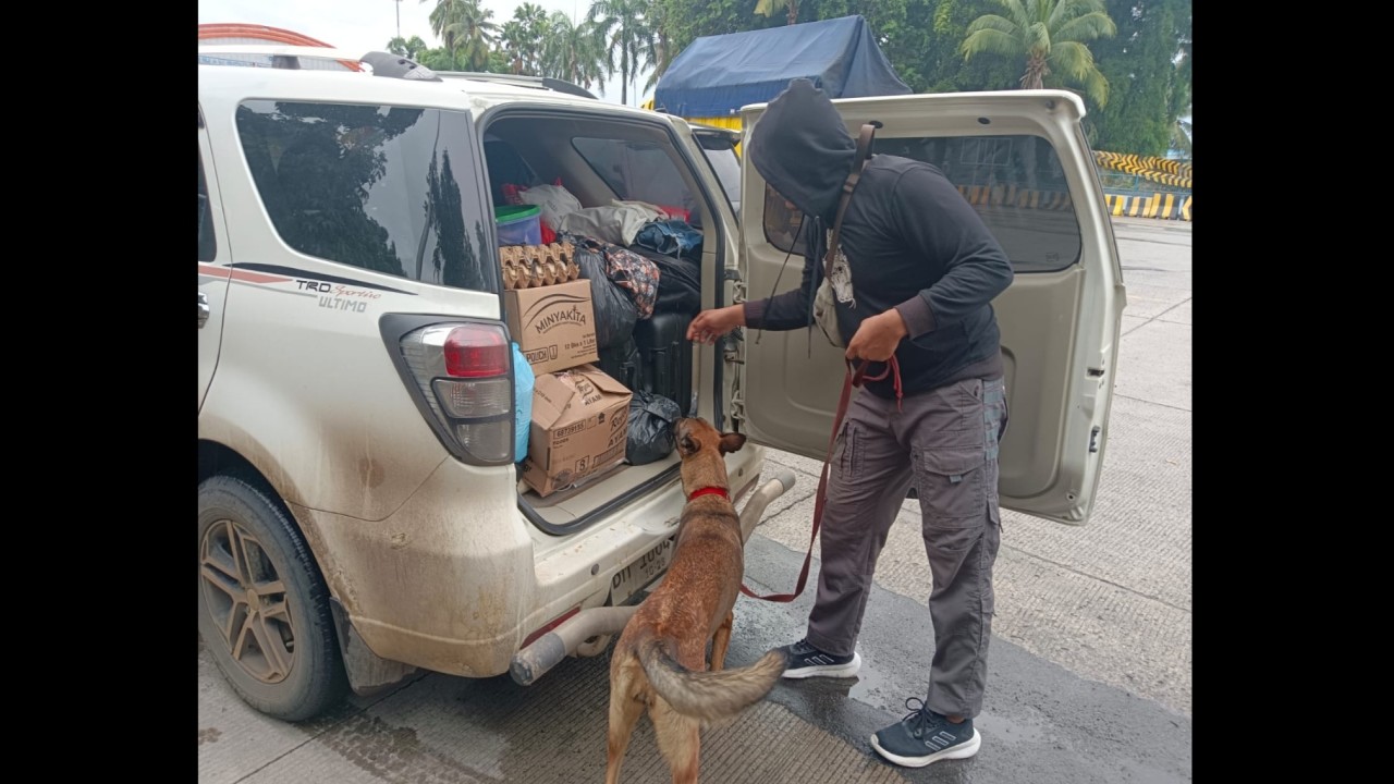 Anjing pelacak Polri saat mengendus barang bawaan kendaraan di Pelabuhan Bakauheni.