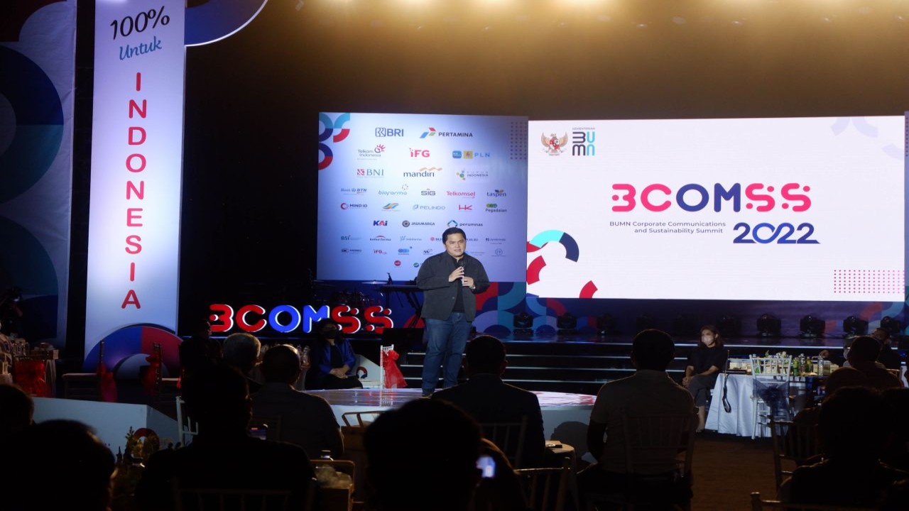 Menteri BUMN Erick Thohir saat menghadiri "BUMN Corporate Communication and Sustainable Summit (BCOMSS) 2024", Kamis (7/3) malam.