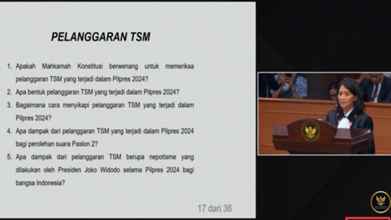 Kuasa hukum Ganjar-Mahfud, Annisa Ismail saat memaparkan permohonan bahwa suara Prabowo-Gibran seharusnya nol. (YouTube)