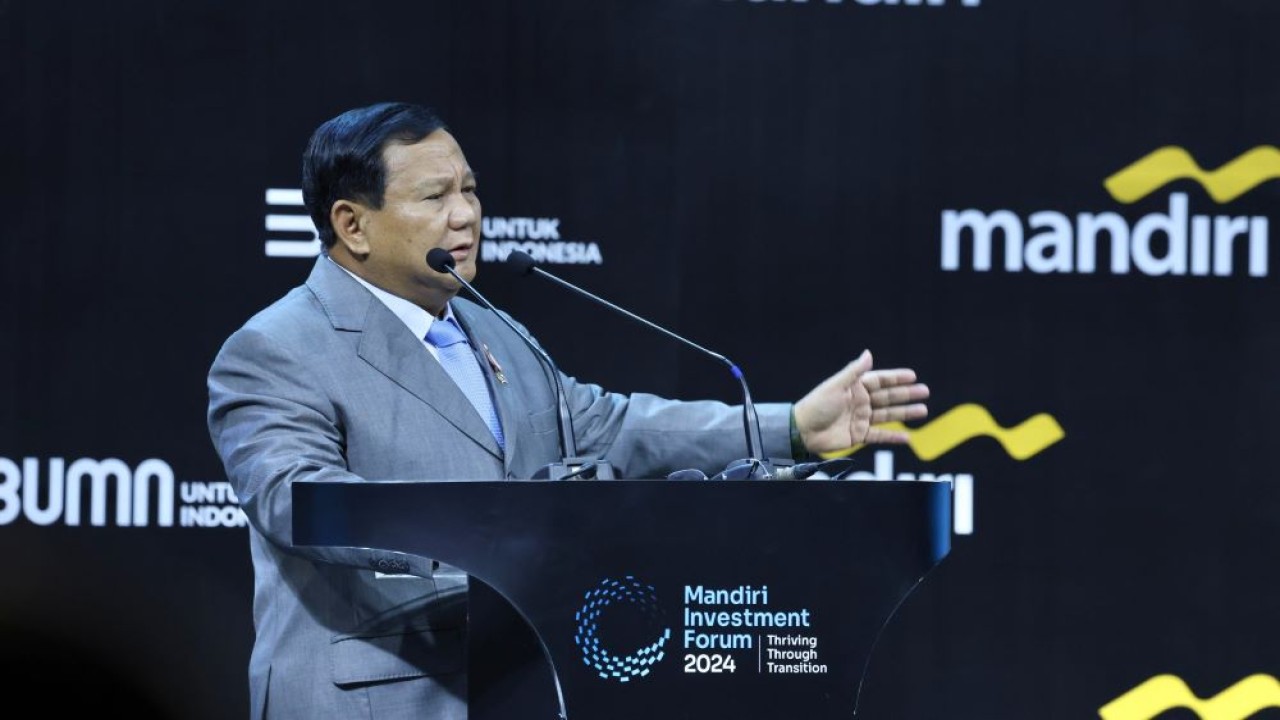 Menteri Pertahanan Prabowo Subianto saat menjadi keynote speaker pada acara Mandiri Investment Forum 2024 di Fairmont Hotel Jakarta, Selasa (5/3/2024). (Foto: Istimewa)