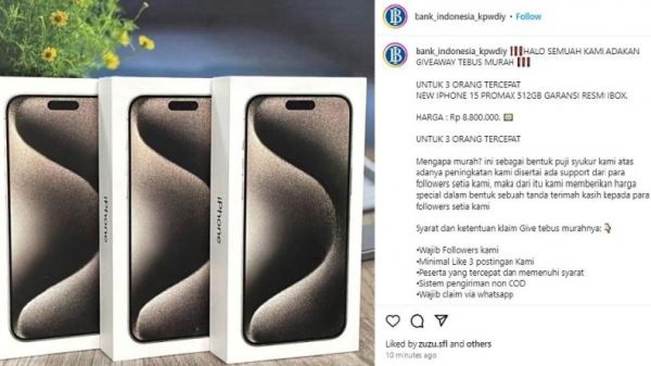 Akun IG Bank Indonesia kantor perwakilan DI Yogyakarta kena retas dan menampilkan penawaran giveaway Iphone murah/ist