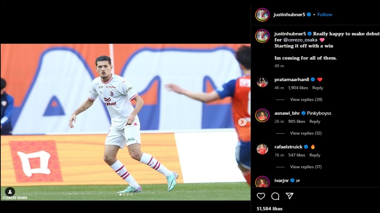 Justin Hubner menjalani debut bersama Cerezo Osaka di J-League, Minggu (6/4/2024). (Instagram)