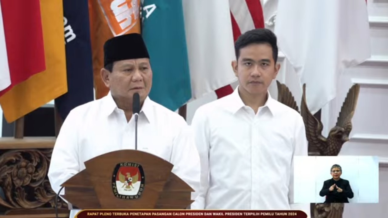 Prabowo-Gibran usai ditetapkan sebagai presiden dan wakil presiden terpilih oleh KPU RI. (YouTube)