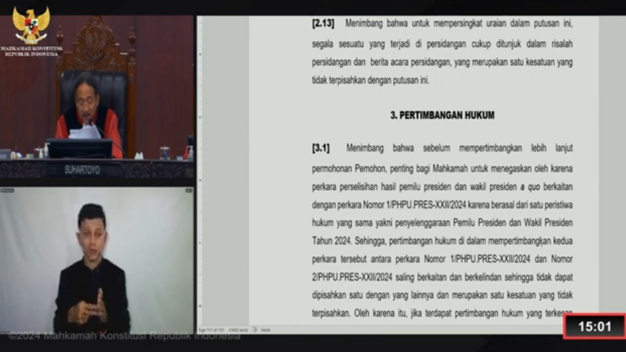 Sidang putusan sengketa hasil Pilpres 2024 di Mahkamah Konstitusi. (YouTube)