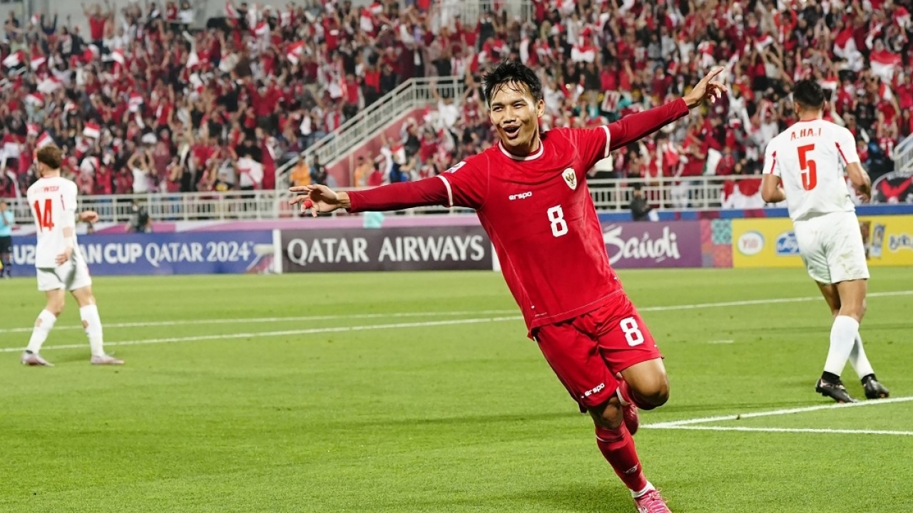 Selebrasi Witan Sulaeman usai membobol gawang Yordania di laga ketiga Grup A Piala Asia U-23