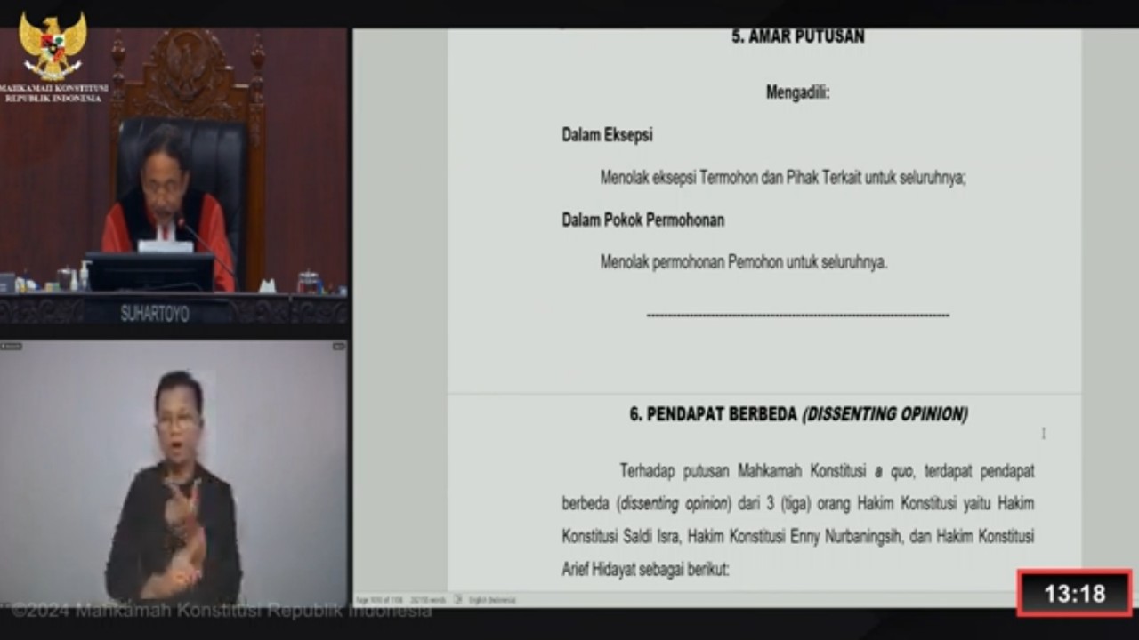 Sidang putusan sengketa hasil Pilpres 2024 di Mahkamah Konstitusi. (YouTube)