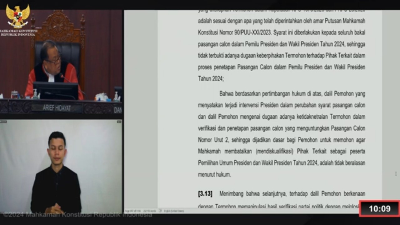 Sidang putusan sengketa hasil Pilpres 2024 di Mahkamah Konstitusi. (YouTube)