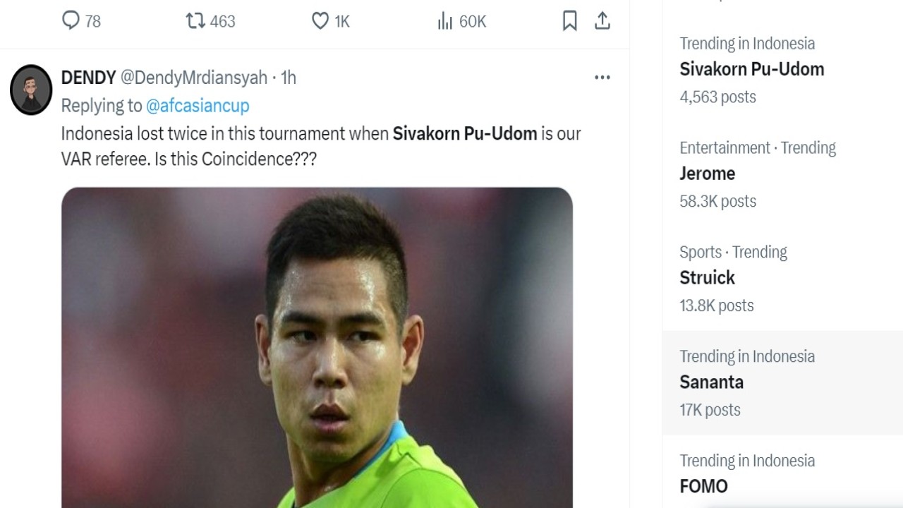 Wasit asal Thailand Sivakorn Pu-Udom jadi bulan-bulanan netizen Indonesia setelah Garuda Muda gagal ke final Piala Asia U-23 2024