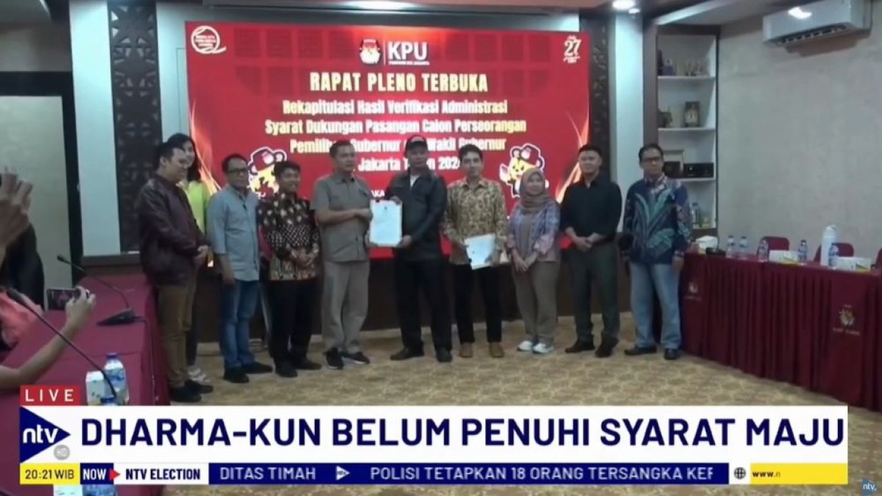 Rekapitulasi hasil verifikasi administrasi dukungan pasangan calon perseorangan pemilihan gubernur dan wakil gubernur DKI Jakarta 2024 menyatakan Dharma Pongrekun-Kun Wardana belum memenuhi syarat.