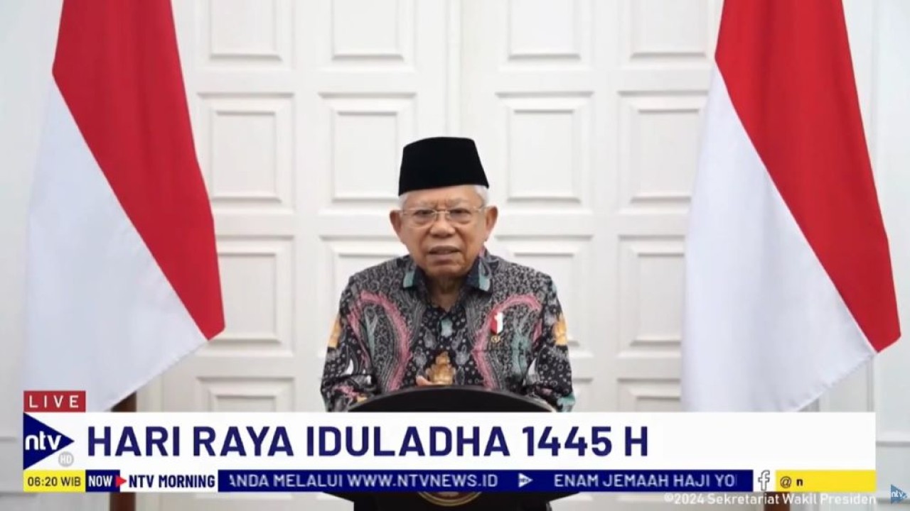 Wakil Presiden (Wapres) KH Ma'ruf Amin mengucapkan selamat Hari Raya Idul Adha 1445H kepada seluruh umat Islam di Tanah Air.