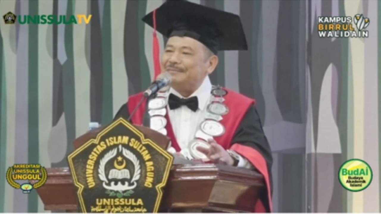 Prof. Dr. Otto Hasibuan S.H., M.M memberikan sambutan pada acara pengukuhan menantunya Prof. Dr. Firmanto Laksana sebagai Guru Besar di Universitas Islam Sultan Agung Semarang/tangkapan layar YouTube Unissula TV