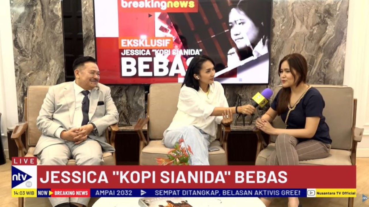 Jessica Kumala Wongso bersama kuasa hukumnya, Otto Hasibuan saat wawancara "One on One" Eksklusif Jessica 'Kopi Sianida" bebas di Nusantara  TV, Minggu (18/8/2024).