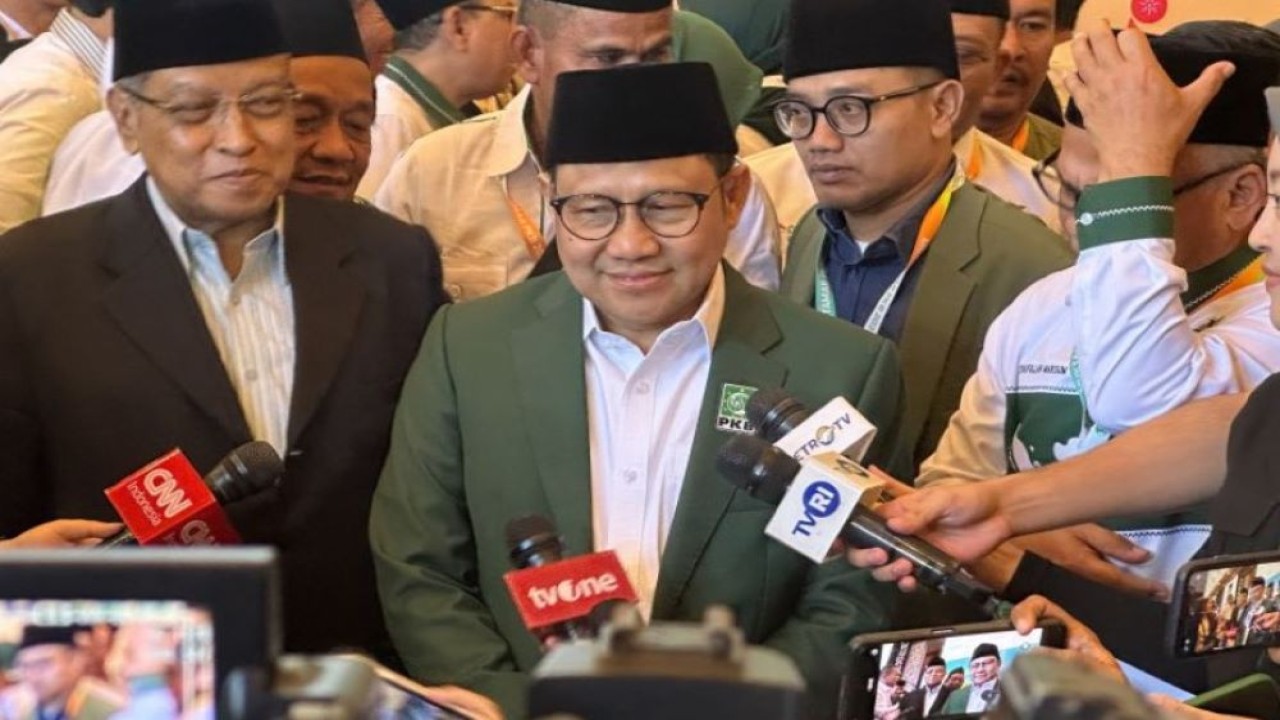 Ketua Umum PKB Muhaimin Iskandar (Cak Imin) saat memberikan keterangan pers di Bali Nusa Dua Convention Center, Kabupaten Badung, Bali, Minggu (25/8/2024). (Foto: ANTARA/Rio Feisal)