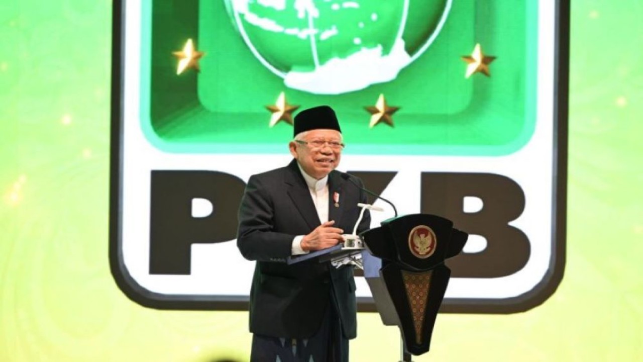 Wapres KH Ma'ruf Amin memberi sambutan pada pembukaan Muktamar VI Partai Kebangkitan Bangsa (PKB) di Kabupaten Badung, ​Bali, Sabtu (24/8/2024). (Foto: ANTARA/HO-Sekretariat Wakil Presiden)