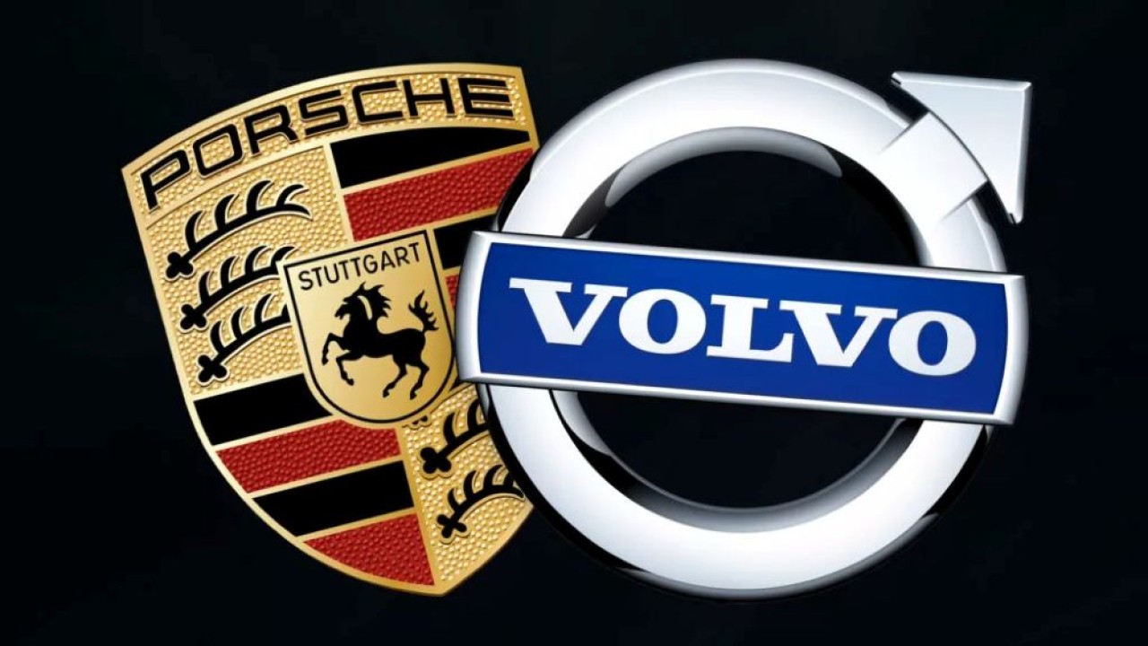 Ilustrasi. Logo Porsche dan Volvo. (Foto: Istimewa via Carscoops)