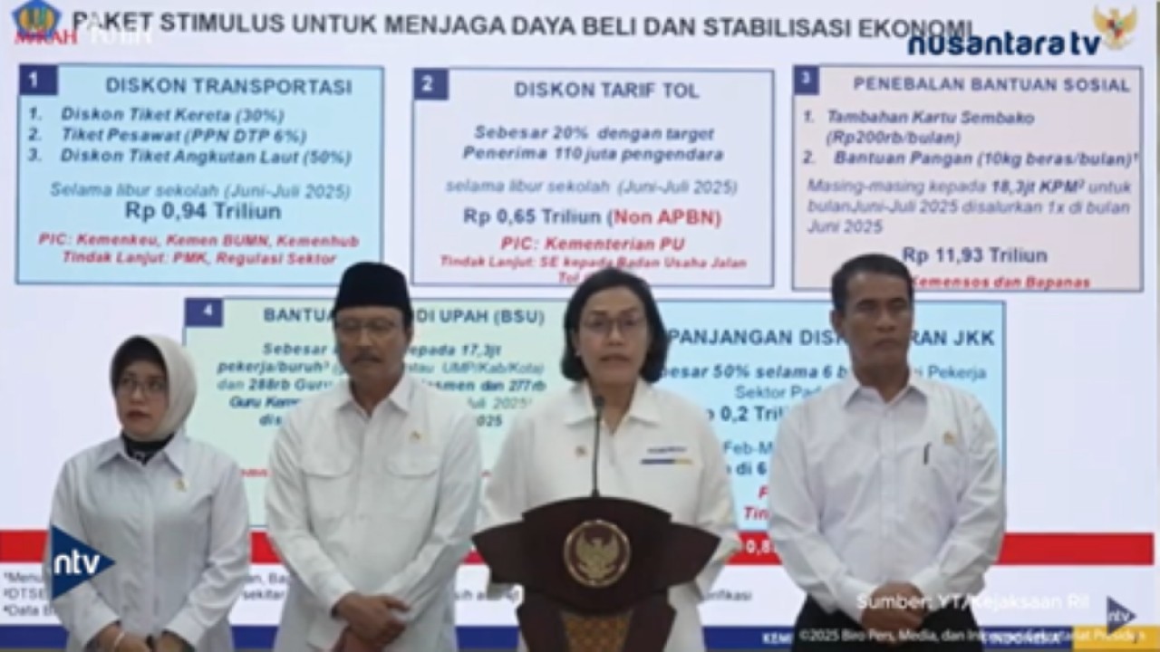 Menkeu Sri Mulyani mengumumkan kebijakan diskon hingga 50% untuk tarif transportasi