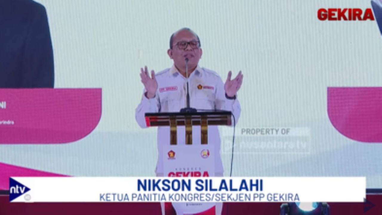Sekretaris Jenderal Gekira Nikson Silalahi memberikan sambutan saat pembukaan Kongres Gekira 2025 di Ballroom Nusantara NT Tower Jakarta