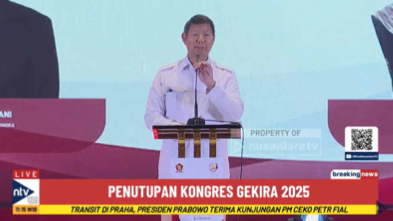 Utusan Khusus Presiden Bidang Iklim dan Energi yang juga Ketua Dewan Pembina PP Gekira, Hashim Djojohadikusumo memberikan sambutan saat acara penutupan Kongres Gekira 2025