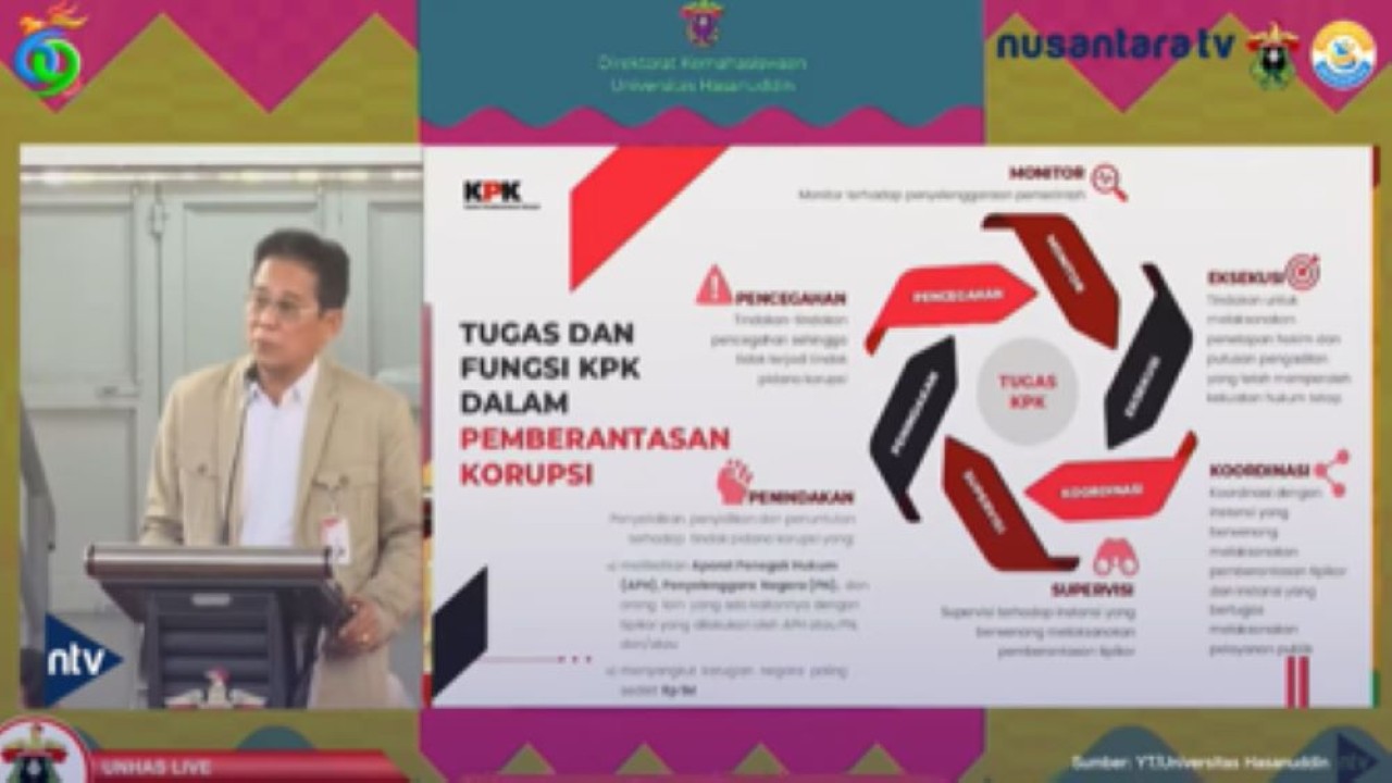 Wakil Ketua Komisi Pemberantasan Korupsi (KPK) RI, Johanis Tanak memberikan kuliah umum tentang KPK dan pemberantasan korupsi di Universitas Hasanudin