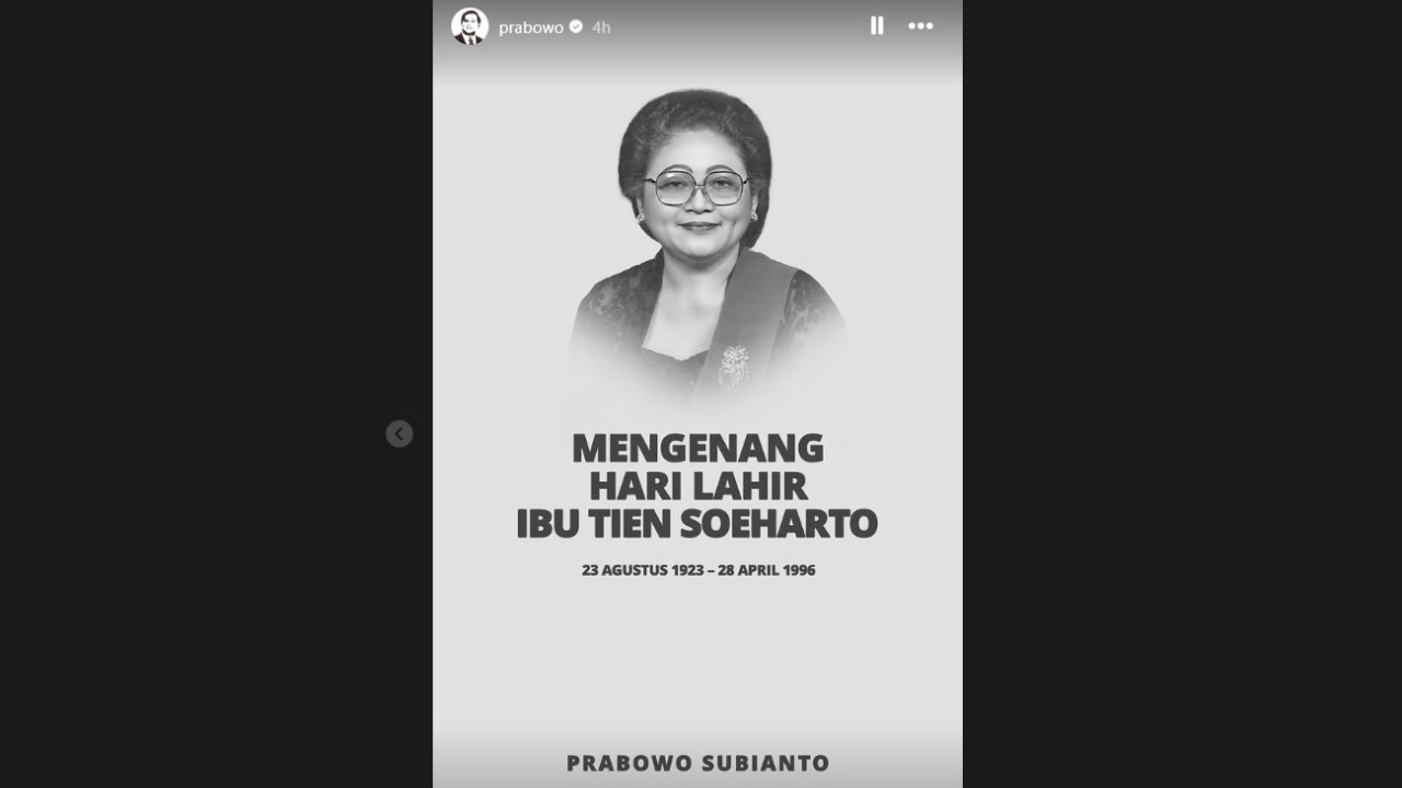 Presiden Prabowo Subianto membagikan potret hitam-putih Ibu Tien Soeharto disertai keterangan "Mengenang Hari Lahir Ibu Tien Soeharto, 23 Agustus 1923 - 28 April 1996". (Foto: Tangkapan layar Instagram @prabowo)