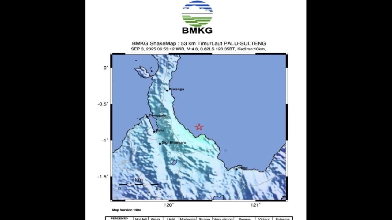 Tangkap layer. Peta gempa yang dirilis BMKG mengguncang wilayah pantai utara Kabupaten Parigi Moutong, Sulawesi Tengah, Rabu (3/9/2025). (Foto: ANTARA/HO-BMKG)