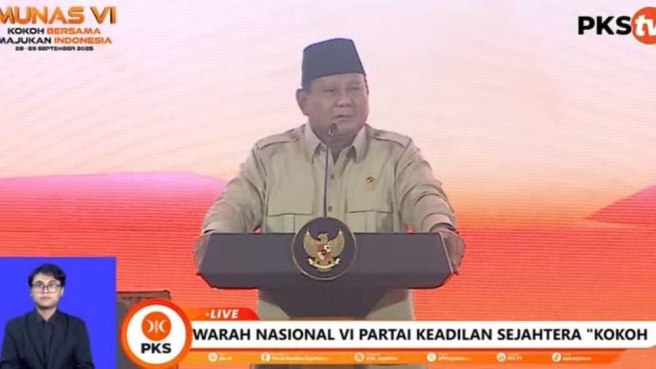 Presiden Prabowo Subianto saat berpidato di penutupan Munas VI PKS. (YouTube)