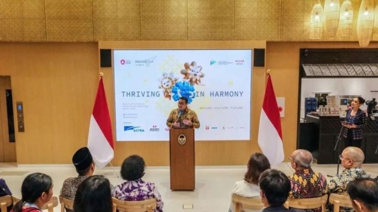 Menteri Ekonomi Kreatif, Teuku Riefky Harsya, memberi sambutan pada seremoni penutupan Paviliun Indonesia di ajang Osaka World Expo 2025, Osaka, Senin, 13 Oktober 2025. (ANTARA/HO Kementerian Ekonomi Kreatif) (Antara)