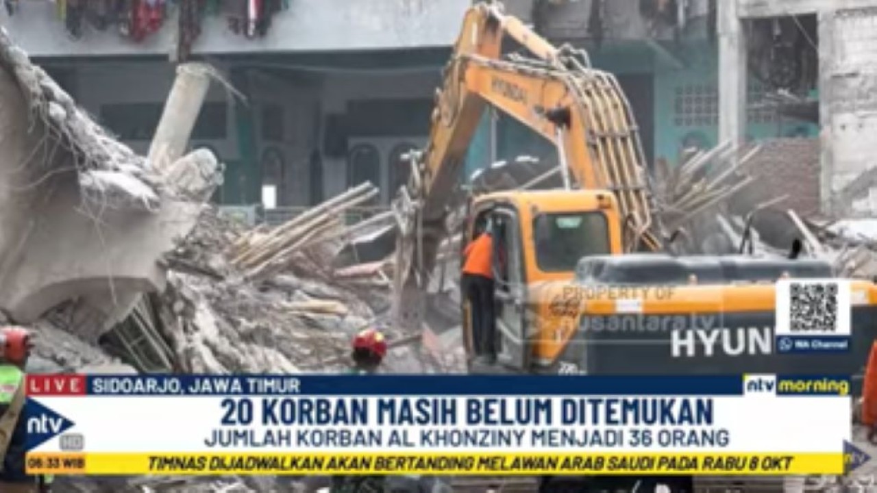 Alat berat dikerahkan untuk mengevakuasi para korban dari reruntuhan ambruknya musala Ponpes Al Khoziny