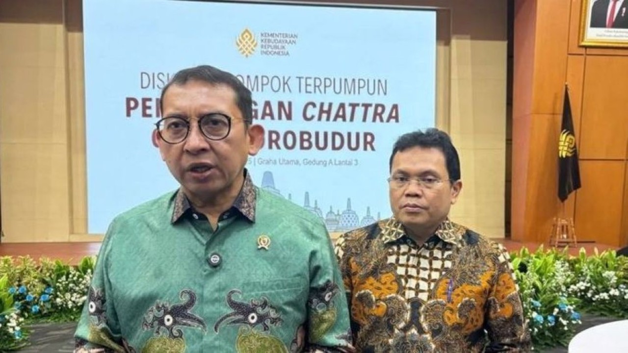 Menteri Kebudayaan Fadli Zon saat ditemui usai “Diskusi Kelompok Terpumpun Pemasangan Chattra Candi Borobudur” yang digelar di Jakarta, Rabu, 3 Desember 2025. (Foto: ANTARA/Sinta Ambar)