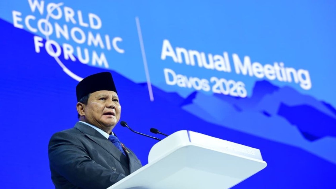 Presiden Prabowo Subianto menyampaikan pidatonya di World Economic Forum (WEF) 2026 di Davos, Swiss, Kamis (22/1/2026). (Foto: Dok/Istimewa)