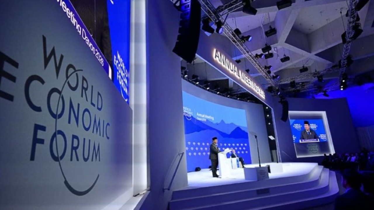 Presiden Prabowo Subianto menyampaikan pidatonya di World Economic Forum (WEF) 2026 di Davos, Swiss, Kamis (22/1/2026). (Foto: Dok/Istimewa)