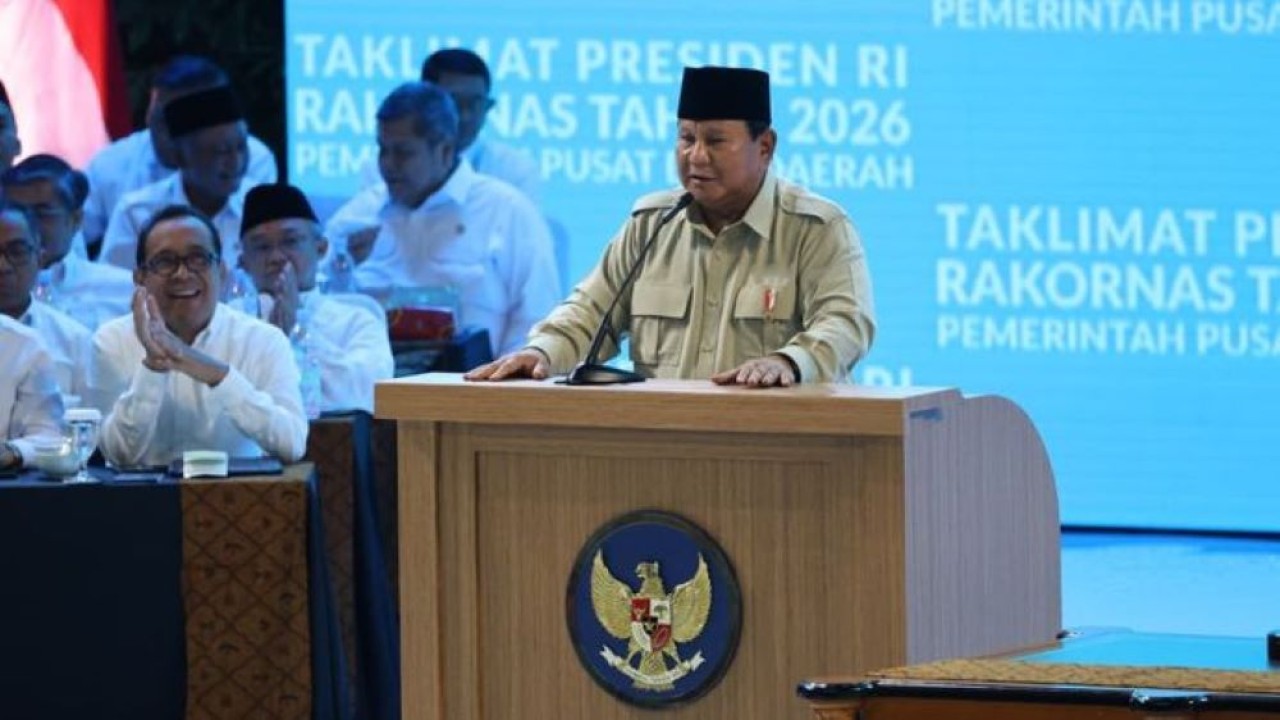 Presiden Prabowo Subianto pada Rapat Koordinasi Nasional (Rakornas) Pemerintah Pusat dan Daerah di Sentul, Kabupaten Bogor, Jawa Barat, pada Senin, 2 Februari 2026. (Sekertariat Kepresidenan)