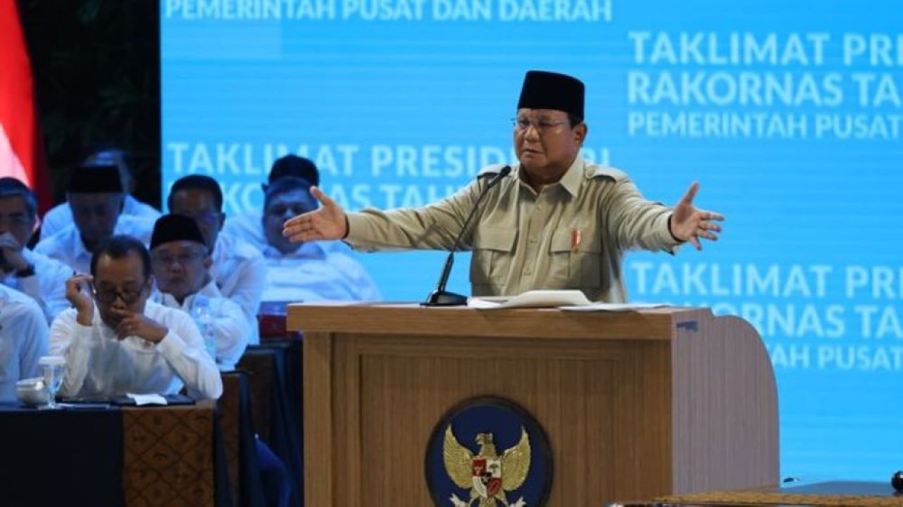 Presiden Prabowo Subianto pada Rapat Koordinasi Nasional (Rakornas) Pemerintah Pusat dan Daerah di Sentul, Kabupaten Bogor, Jawa Barat, pada Senin, 2 Februari 2026. (Sekertariat Kepresidenan)