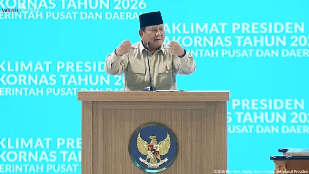 Presiden Prabowo Subianto saat memberikan taklimat dalam Rapat Koordinasi Nasional (Rakornas) Pemerintah Pusat dan Daerah 2026 di Sentul International Convention Center (SICC), Kabupaten Bogor, Jawa Barat, Senin (2/2/2026). (Foto: Tangkapan layar YouTube Sekretariat Presiden)