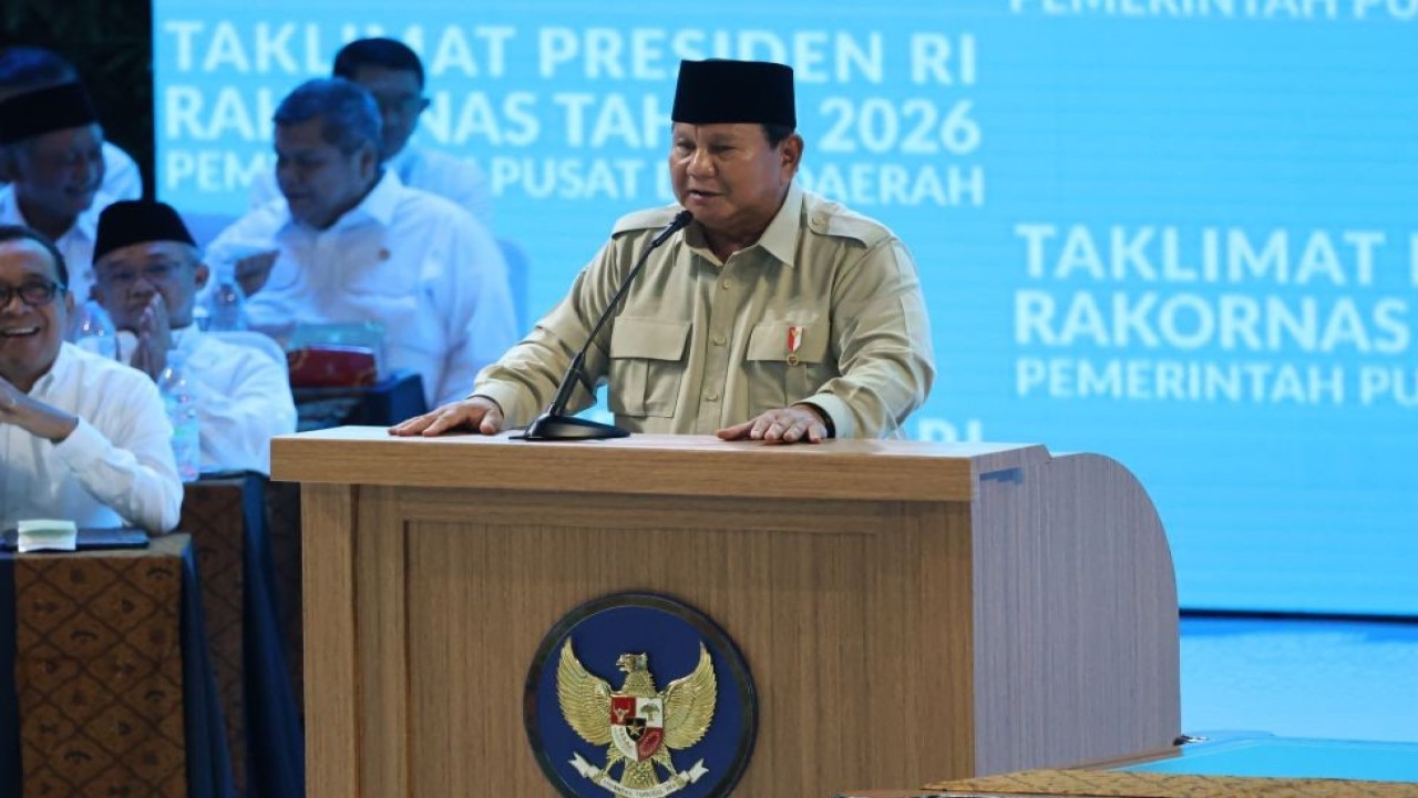 Presiden Prabowo Subianto saat memberikan taklimat dalam Rapat Koordinasi Nasional (Rakornas) Pemerintah Pusat dan Daerah 2026 di Sentul International Convention Center (SICC), Kabupaten Bogor, Jawa Barat, Senin (2/2/2026). (Foto: Dok/Istimewa)