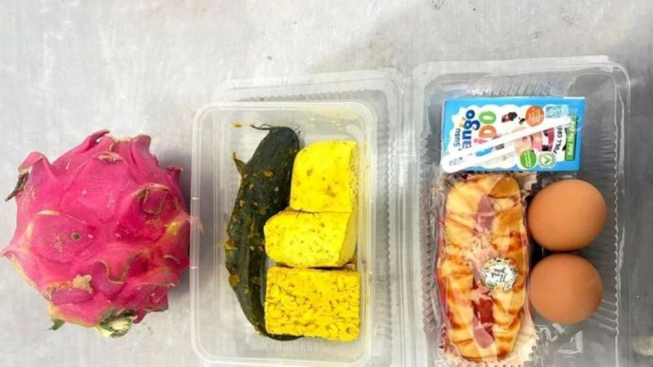 Menu tahu, tempe, dan lele marinasi dengan buah naga, susu, roti yang diberikan oleh SPPG Pamekasan Pademawu Buddagan, Jawa Timur, untuk penerima manfaat pada Senin 9 Maret 2026. ANTARA/HO-BGN. (Antara)