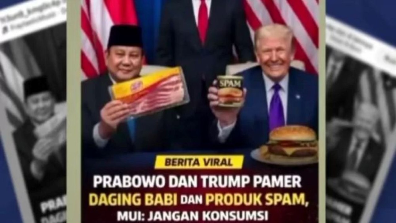 Publik dihebohkan dengan beredarnya foto Presiden Prabowo Subianto bersama Presiden AS Donald Trump memamerkan produk olahan daging babi. (Foto: Tangkapan layar akun Instagram @cekfkta.ri)