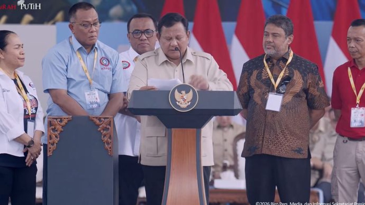 Presiden Prabowo Subianto pada peringatan Hari Buruh Internasional di kawasan Lapangan Monas, Jumat 1 Mei 2026(Tangkapan Layar)