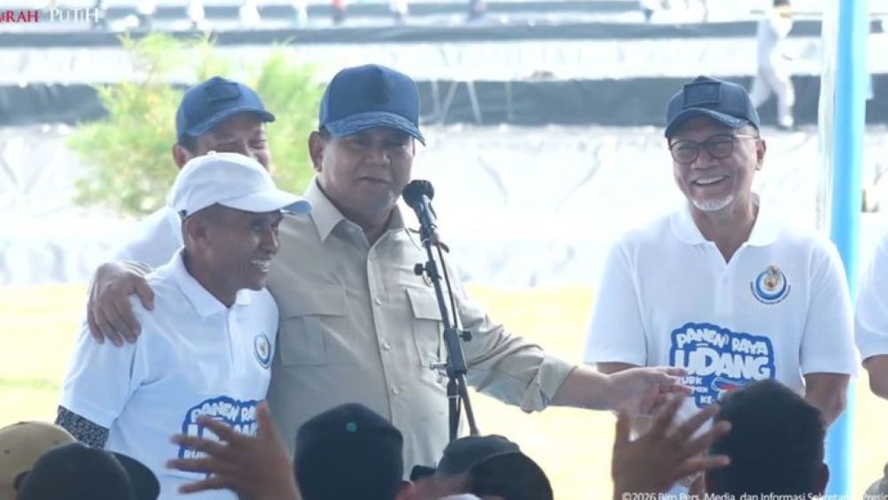 Presiden Prabowo Subianto saat menghadiri panen raya udang di Kebumen, Jawa Tengah, Sabtu, 23 Mei 2026. (Foto: Tangkapan layar)