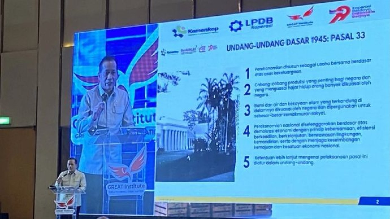Menteri Koperasi Ferry Juliantono berbicara dalam acara Seminar Great Institute di Jakarta, Selasa, 28 Juli 2026. (Antara)