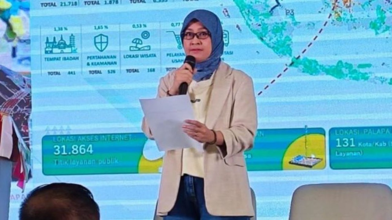 Direktur Utama Badan Aksesibilitas Telekomunikasi dan Informasi (BAKTI) Kementerian Komunikasi dan Digital Fadhilah Mathar menyampaikan sambutan dalam acara BAKTI Media Connect 2026 di Jakarta, Rabu, 12 Agustus 2026. (Antara)