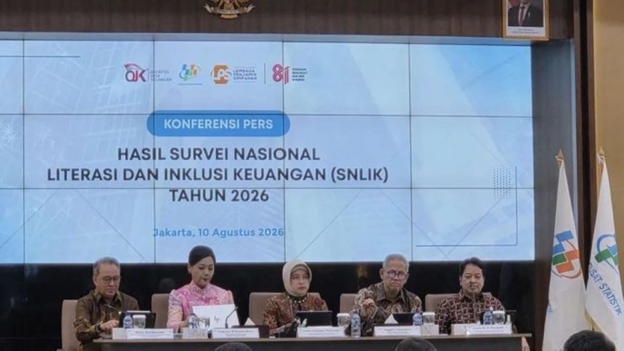 Badan Pusat Statistik (BPS) merilis hasil Survei Nasional Literasi dan Inklusi Keuangan (SNLIK) Tahun 2026 yang menunjukkan indeks literasi dan inklusi keuangan masyarakat meningkat dibandingkan tahun sebelumnya, di Jakarta, Senin, 10 Agustus 2026 (Antara)