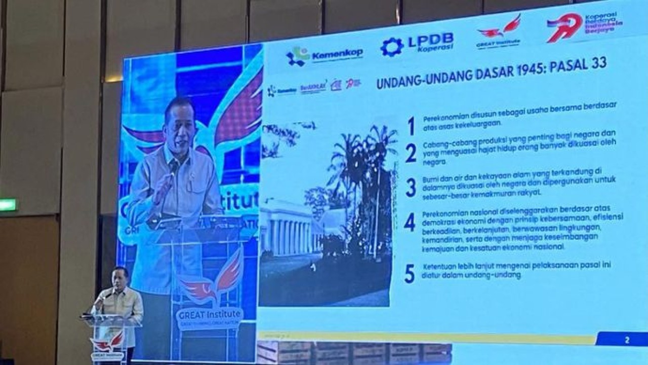 Menteri Koperasi Ferry Juliantono berbicara dalam acara Seminar Great Institute di Jakarta, Selasa, 28 Juli 2026 (Antara)