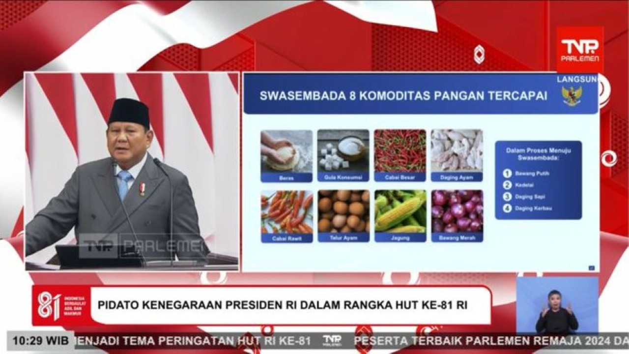 Presiden Prabowo Subianto saat pidato kenegaraan di DPD, DPR, MPR RI. (Foto: TV Parlemen)