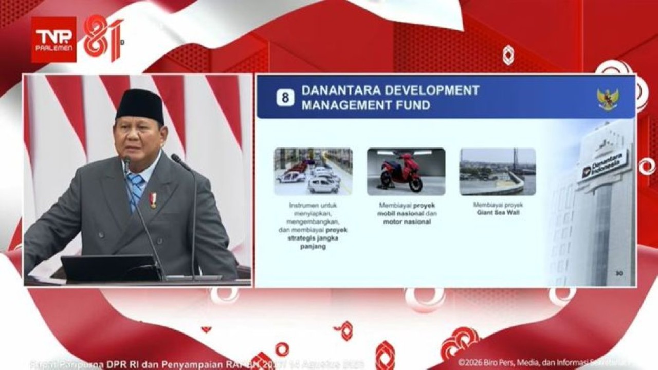 Presiden Prabowo Subianto menyampaikan pidato Nota Keuangan dan RAPBN 2027 di Gedung DPR/MPR, Jakarta, Jumat, 14 Agustus 2026, terkait Danantara Development Management Fund. (Foto: TV Parlemen)